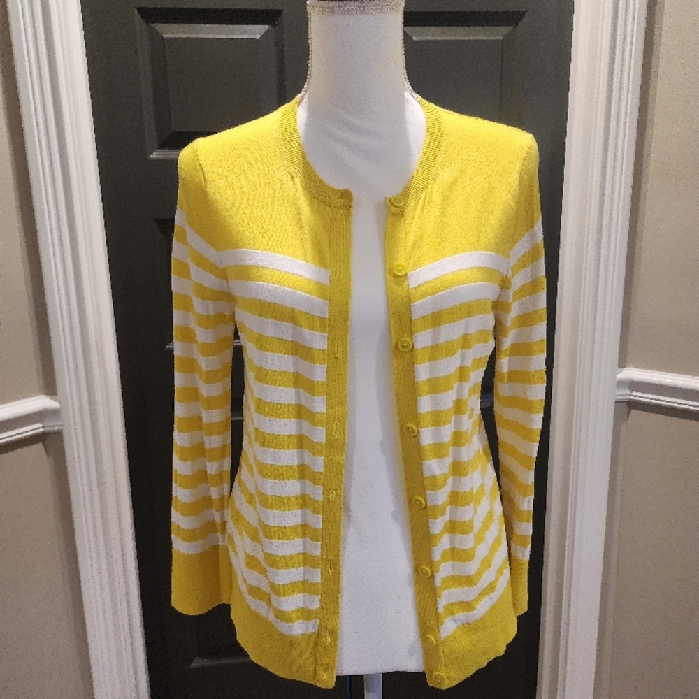 Yellow and White Striped Cardigan Sweater